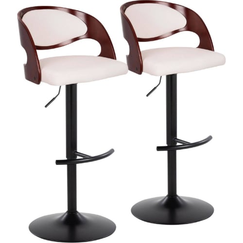 Pino Adjustable Swivel Bar Stool in Black Metal, Cherry Wood & White Leatherette (Set of 2)